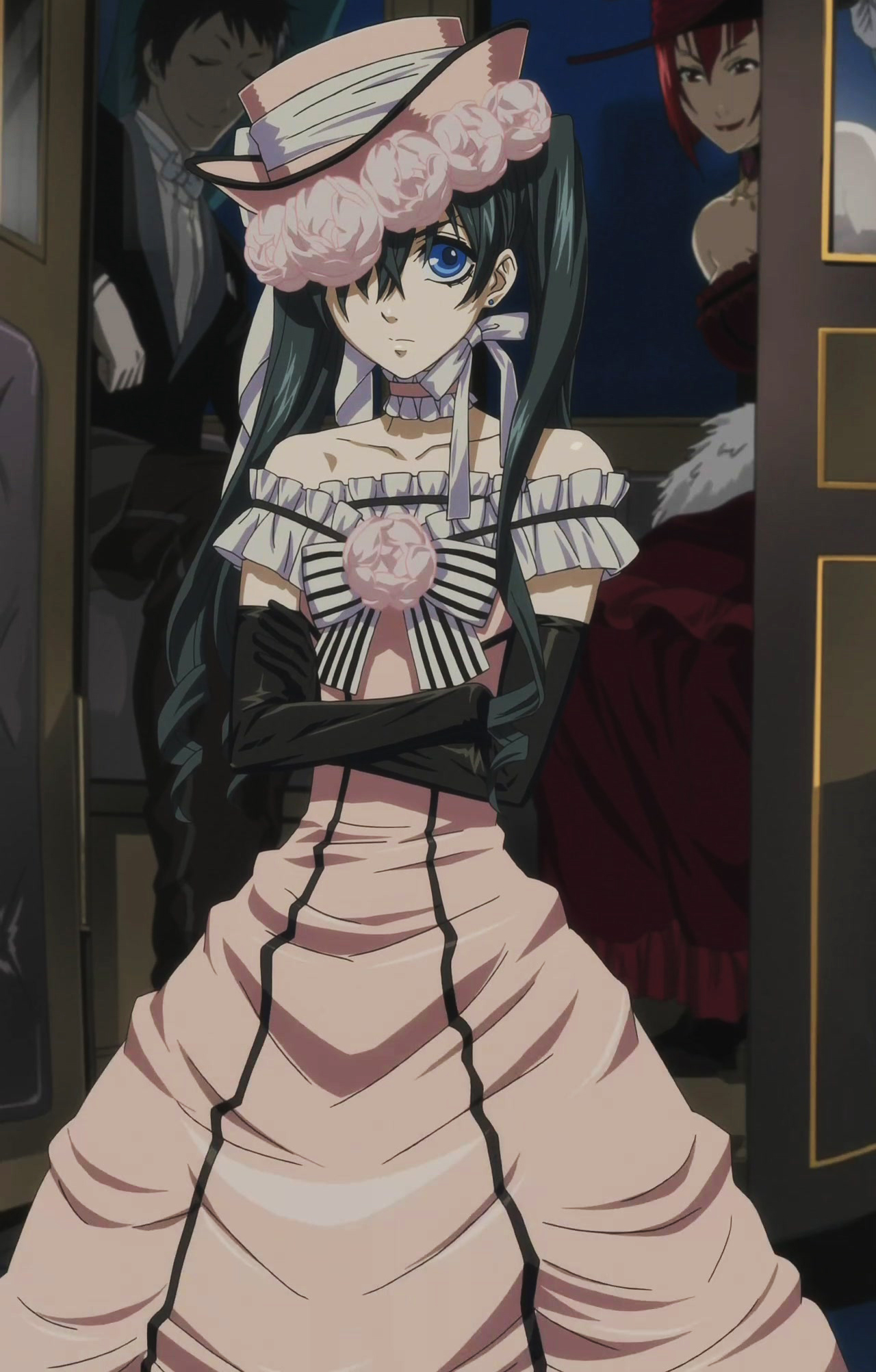 angelina durless, ciel phantomhive, ciel phantomhive (robin dress), lau, madam red, kuroshitsuji, anime screenshot, highres, 00s, 1boy, bare shoulders, black gloves, blue eyes, blue hair, choker, collarbone, crossdressing, crossdressing (mtf), crossed arms, dress, earrings, flower, frilled dress, frills, gloves, gothic lolita, hair over one eye, hat, jewelry, lolita fashion, long hair, male focus, matching hair/eyes, pink dress, rose, sleeveless, sleeveless dress, solo, strapless, strapless dress, trap, twintails, wig