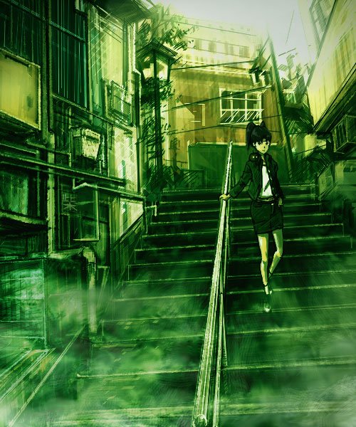 shiba o, amasawa yuuko, mojo (dennou coil), dennou coil, bad id, bad pixiv id, 00s, 1girl, black hair, female focus, glasses, green theme, jacket, pencil skirt, skirt, solo, stairs, twintails