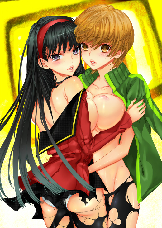 kaguyuzu, amagi yukiko, satonaka chie, persona, persona 4, bad id, 2girls, ass, black hair, breast press, breasts, brown eyes, brown hair, hairband, long hair, multiple girls, panties, pantyhose, purple eyes, short hair, symmetrical docking, torn clothes, torn pantyhose, underwear, white panties, yuri