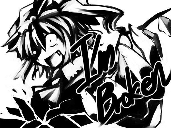 flandre scarlet, touhou, 1girl, collared shirt, english text, fang, female focus, greyscale, hat, mob cap, monochrome, open mouth, shirt, solo, white background, wings