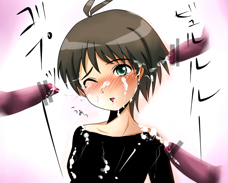 igarashi (piyopiyo9999), kikuchi makoto, idolmaster, idolmaster (classic), idolmaster 1, bad id, bad pixiv id, 00s, 1girl, antenna hair, bar censor, blush, brown hair, bukkake, censored, cum, cum on body, cum on clothes, cum on hair, facial, gangbang, green eyes, group sex, one eye closed, penis, short hair, solo focus, tears, transparent censoring, wink