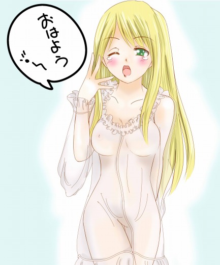 kuro usagi, kuro usagi (duklyon), agrias oaks, final fantasy, final fantasy tactics, bad id, bad pixiv id, 1girl, blonde hair, blush, breasts, female focus, green eyes, lingerie, long hair, negligee, one eye closed, see-through clothes, solo, underwear, wink
