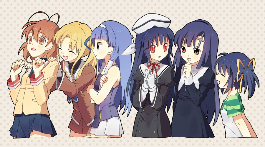 mozu (modagoro), amamiya yuuko, furukawa nagisa, hayama mizuki, nagi, sunohara mei, zange, clannad, ef (visual novel), kannagi, hands on shoulders, 00s, 6+girls, antenna hair, blonde hair, blue hair, brown hair, cross, crossover, hair ribbon, hairband, hat, interlocked fingers, multiple girls, polka dot, polka dot background, purple hair, red eyes, ribbon, school uniform, serafuku, siblings, sisters
