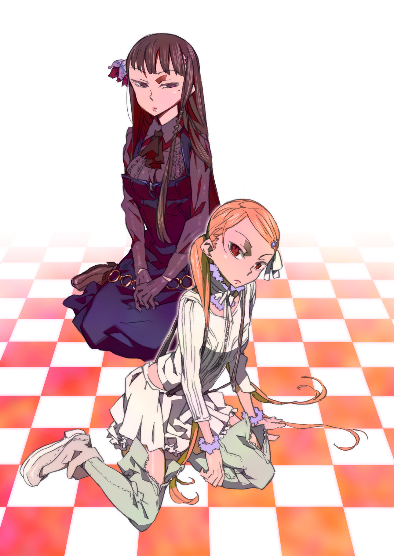katou haruaki, asahina tomoshibi, kurenai yuugure, original, yuuhi romance, bad id, bad pixiv id, highres, 2girls, black hair, blonde hair, boots, checkered floor, dress, gloves, hair ornament, hairclip, long hair, mole, mole under eye, multiple girls, perspective, red eyes, ribbon, skirt, suspenders, thigh boots, thighhighs, zipper