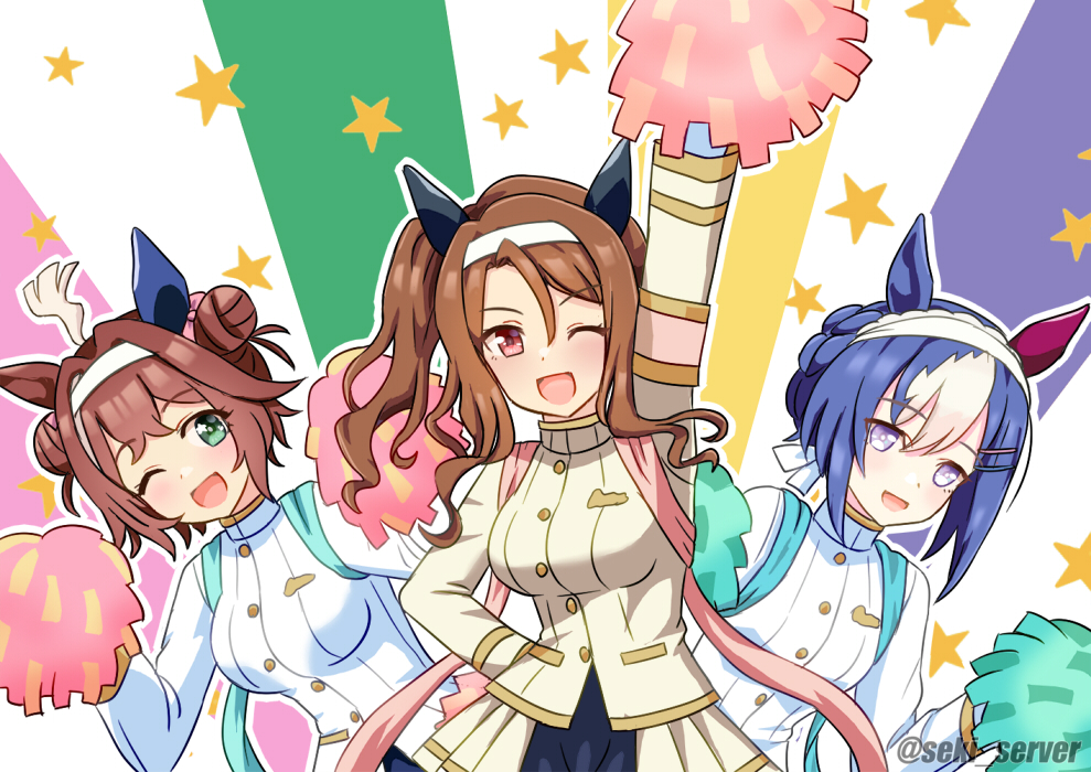 seki (hyokosho), cesario (umamusume), king halo (noble white cheer attire) (umamusume), king halo (umamusume), rhein kraft (umamusume), umamusume, 3girls, ahoge, animal ears, blue hair, blue skirt, blush, braid, breasts, brown hair, cheerleader, double bun, ear covers, ear ornament, gloves, green eyes, hair between eyes, hair bun, hair ornament, hairband, holding, holding pom poms, horse ears, horse girl, jacket, large breasts, looking at viewer, medium breasts, multicolored hair, multiple girls, one eye closed, open mouth, pom pom (cheerleading), pom poms, purple eyes, red eyes, short hair, skirt, smile, star (symbol), white gloves, white hair, white hairband, white jacket, white skirt