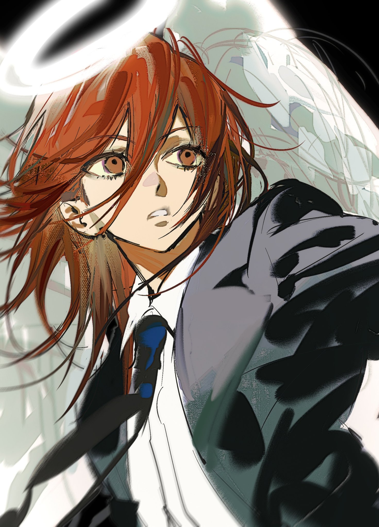angel devil (chainsaw man), chainsaw man, highres, 1boy, androgynous, angel wings, avandee11949, black background, black jacket, blue necktie, brown eyes, brown hair, collared shirt, feathered wings, hair between eyes, halo, jacket, long hair, male focus, necktie, parted lips, shirt, sketch, suit jacket, upper body, white shirt, white wings, wings