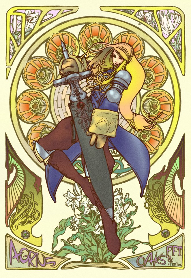 yakibuta (shimapow), agrias oaks, final fantasy, final fantasy tactics, 1girl, armor, art nouveau, blonde hair, female focus, flower, knight, long hair, sheath, solo, sword, unsheathing, weapon