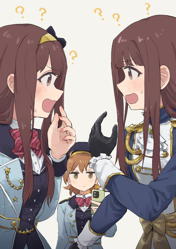 kusugi tai, tanaka kotoha, yabuki kana, idolmaster, idolmaster million live!, idolmaster million live! theater days, 3girls, ?, aiguillette, ascot, black gloves, blue jacket, blush, bow, bowtie, brown eyes, brown hair, cellphone, closed mouth, dual persona, etoile brilliant (idolmaster), eye contact, face-to-face, fingernails, from side, gloves, hairband, hand up, holding, holding phone, jacket, jitome, long hair, long sleeves, looking at another, multiple girls, official alternate costume, open mouth, opera seria kiramekiza, orange hair, phone, profile, red bow, red bowtie, short hair, simple background, smartphone, standing, star elements (idolmaster), striped bow, striped bowtie, striped clothes, sweatdrop, white ascot, white background