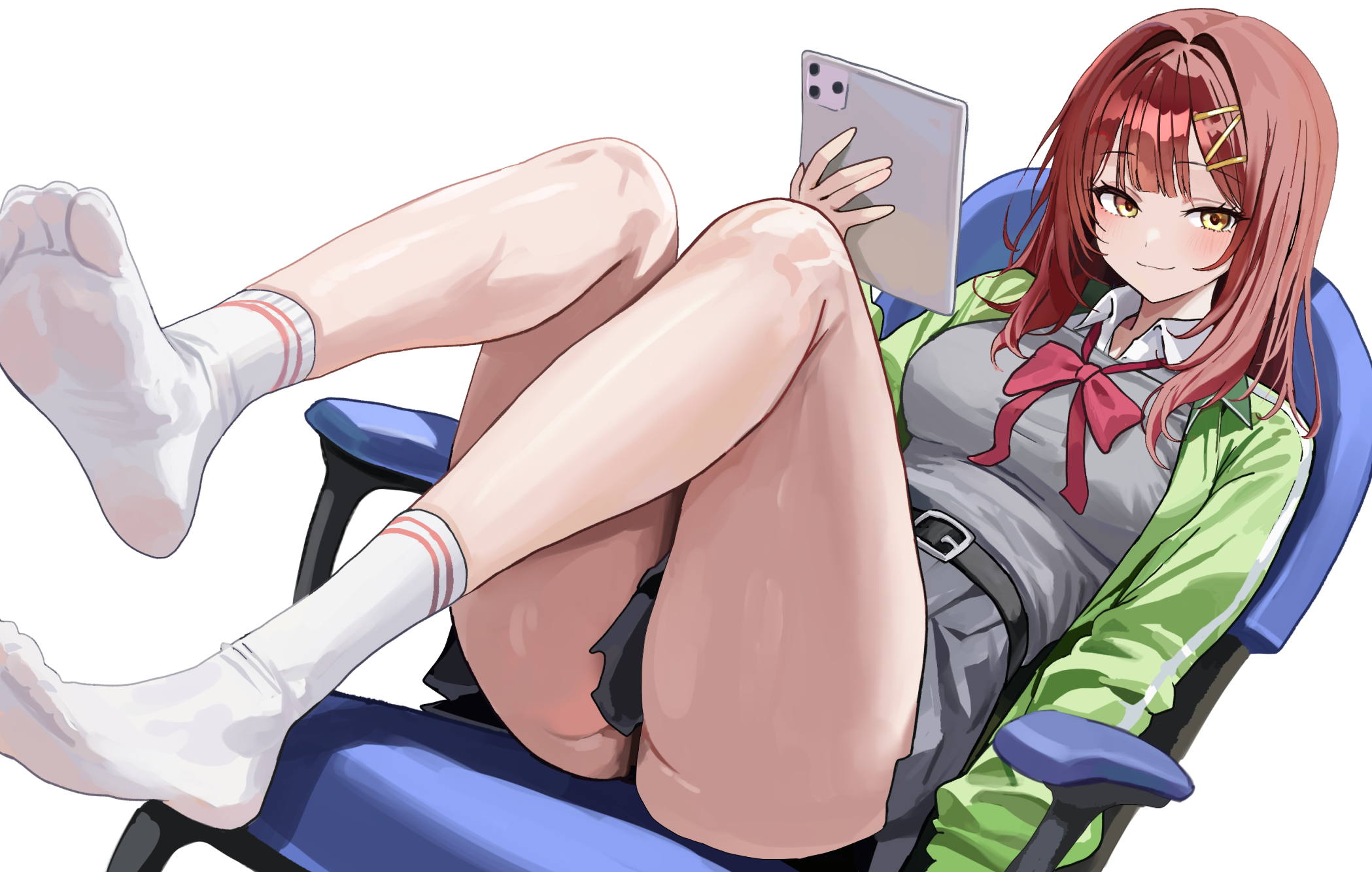 limelight lemonade jam, commentary, highres, 1girl, belt, black belt, blunt bangs, blush, bow, bowtie, chair, closed mouth, collared shirt, dutch angle, eyelashes, feet, foreshortening, full body, futamihara ririko, green jacket, grey skirt, hair intakes, hair ornament, hairclip, hand up, holding, holding tablet pc, jacket, junyongkim9, knees up, legs, long sleeves, medium hair, miniskirt, no shoes, on chair, open clothes, open jacket, red bow, red bowtie, red hair, school uniform, shirt, simple background, sitting, skirt, smile, smug, socks, soles, solo, straight hair, tablet pc, thick thighs, thigh focus, thighs, toes, track jacket, white background, white shirt, white socks, yellow eyes