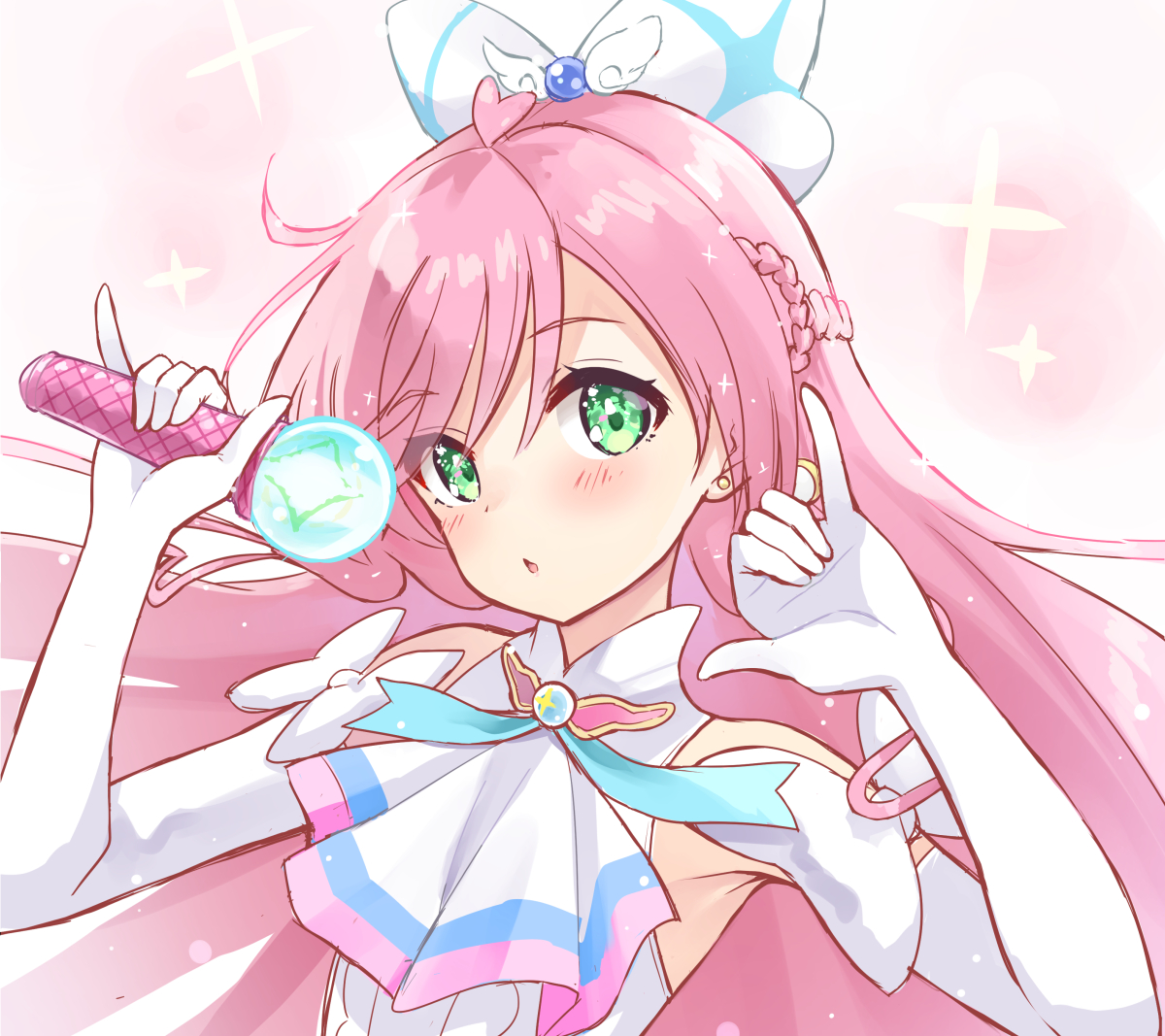 tenjou ryuka, cure prism, nijigaoka mashiro, hirogaru sky! precure, precure, commentary, 1girl, :o, m/, ascot, bow, braid, brooch, center frills, crown braid, dress, earrings, elbow gloves, frills, glove bow, gloves, green eyes, hair bow, henshin, holding, jewelry, looking at viewer, magical girl, parted lips, pink hair, pinky out, side braids, sky mirage, sleeveless, sleeveless dress, solo, sparkle, upper body, white ascot, white bow, white dress, white gloves, wing brooch