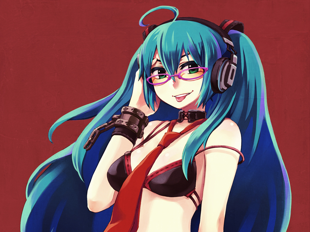 hatsune miku, vocaloid, ahoge, bespectacled, glasses, headphones, necktie, solo