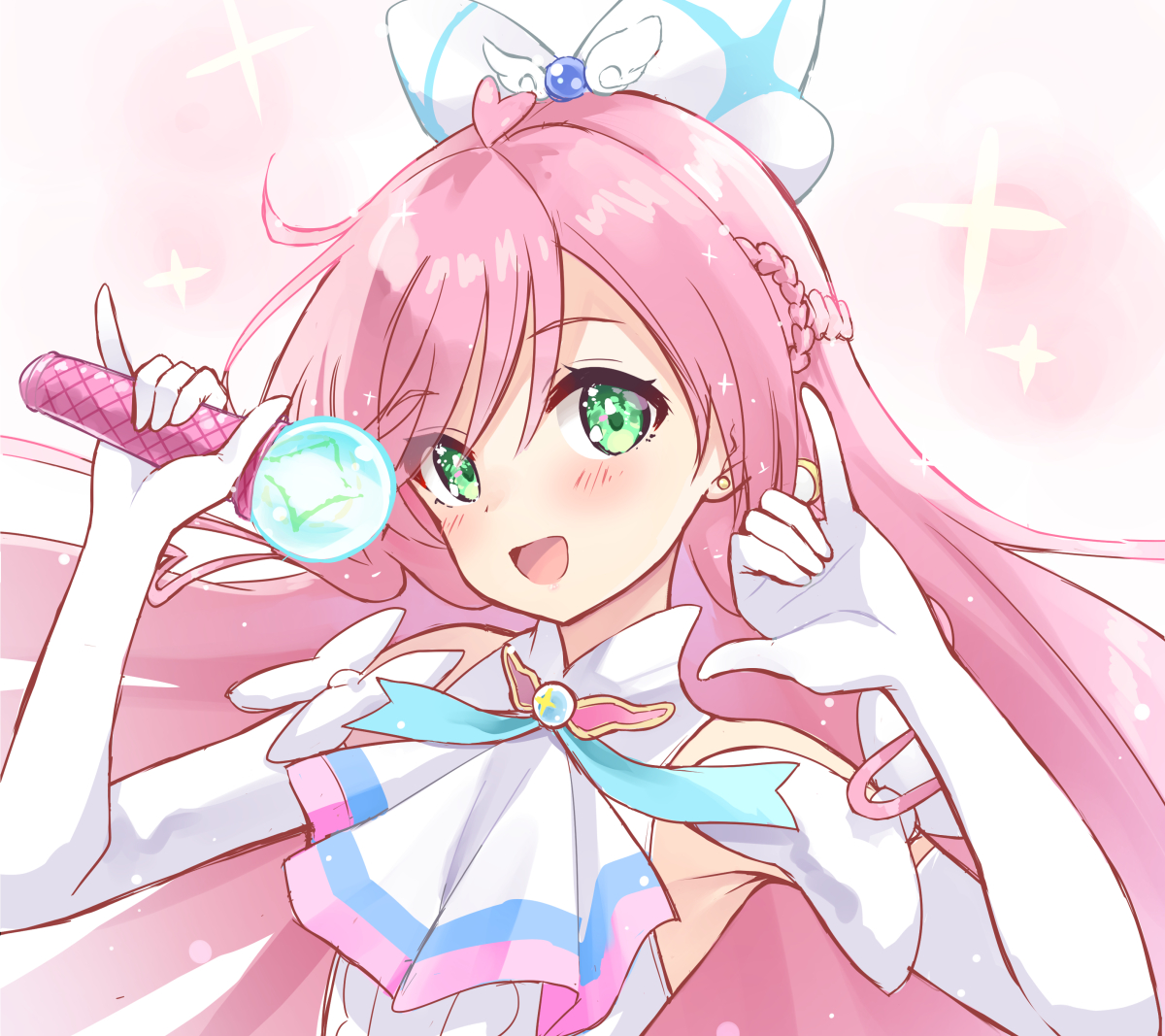 tenjou ryuka, cure prism, nijigaoka mashiro, hirogaru sky! precure, precure, 1girl, m/, ascot, bow, braid, brooch, center frills, crown braid, dress, earrings, elbow gloves, frills, glove bow, gloves, green eyes, hair bow, henshin, holding, jewelry, looking at viewer, magical girl, open mouth, pink hair, pinky out, side braids, sky mirage, sleeveless, sleeveless dress, smile, solo, sparkle, upper body, white ascot, white bow, white dress, white gloves, wing brooch