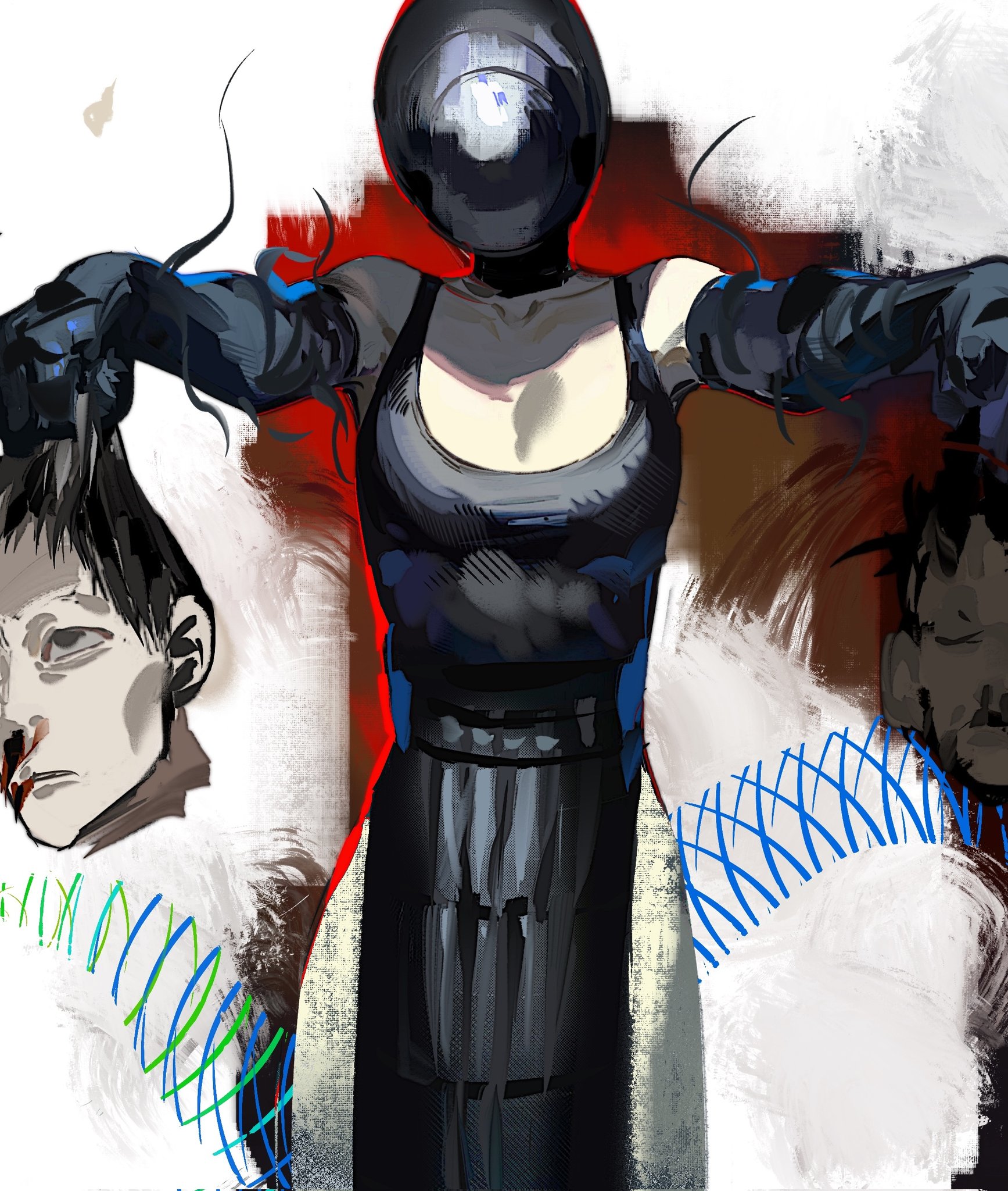 bomb devil (chainsaw man), reze (chainsaw man), chainsaw man, highres, 1girl, apron, avandee11949, bare shoulders, black apron, black choker, black dress, black gloves, blood, blood from mouth, breasts, choker, cleavage, cowboy shot, dress, elbow gloves, gloves, holding detached head, long dress, medium breasts, nosebleed, pale skin, pelvic curtain