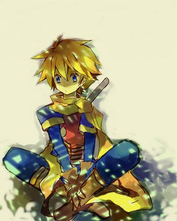 camelot, pomi, isaac (golden sun), golden sun, bad id, bad pixiv id, lowres, 1boy, blonde hair, boots, male focus, scarf, short hair, solo, sword, weapon