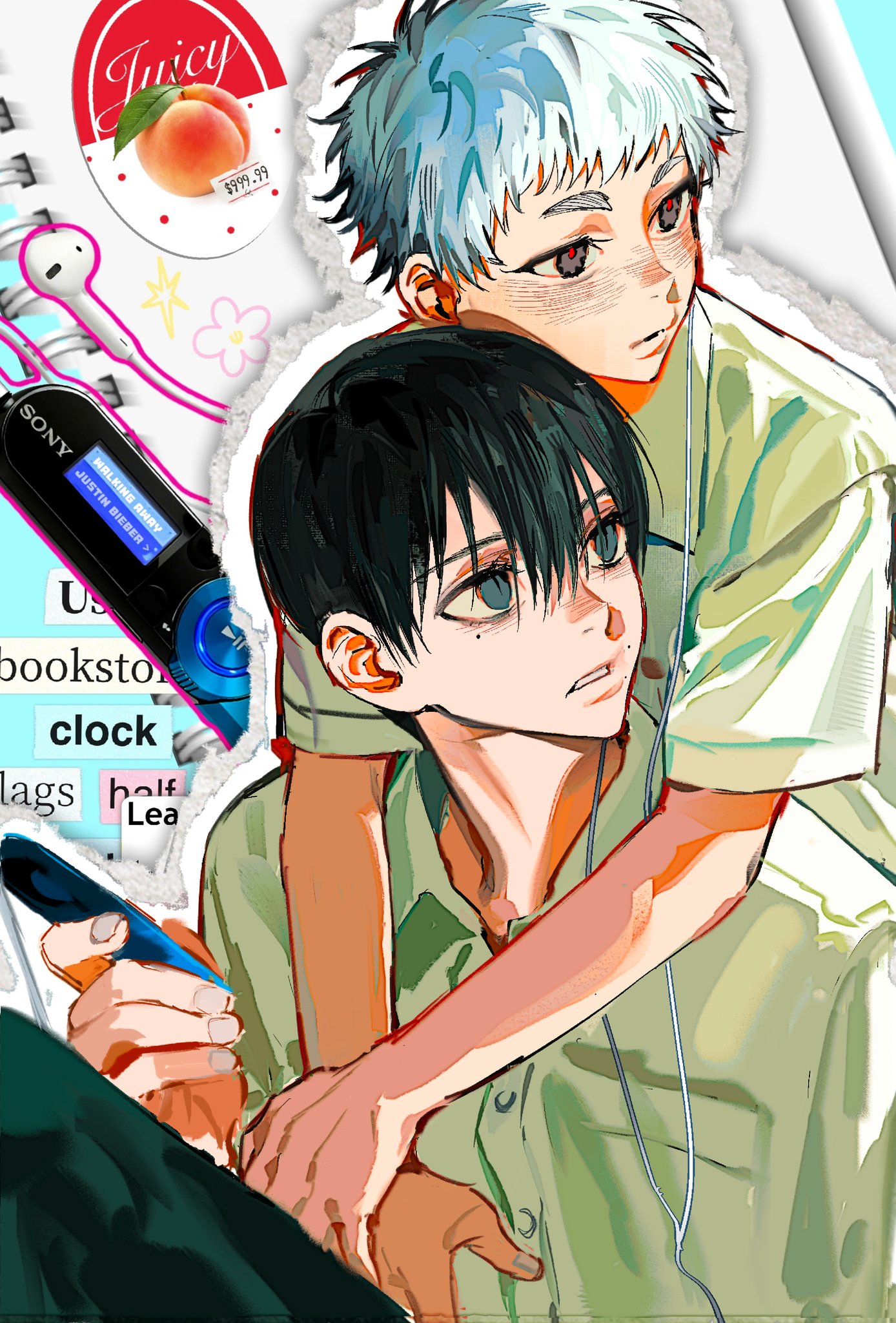 indou hikaru, tsujinaka yoshiki, hikaru ga shinda natsu, highres, 2boys, arms around neck, avandee11949, black hair, collared shirt, food, fruit, grey eyes, hair between eyes, male focus, mole, mole on cheek, mole under eye, multiple boys, parted lips, peach, red pupils, school uniform, shirt, short hair, short sleeves, slit pupils, upper body, white hair, white shirt, yaoi