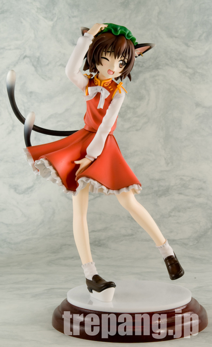 chen, touhou, photo (medium), 1girl, animal ears, brown eyes, brown hair, cat ears, cat girl, cat tail, earrings, female focus, figure, figure (medium), hat, jewelry, multiple tails, one eye closed, short hair, solo, tail, wink