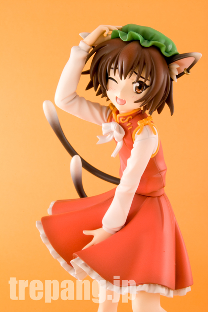 chen, touhou, photo (medium), 1girl, animal ears, brown eyes, brown hair, cat ears, cat girl, cat tail, earrings, female focus, figure, figure (medium), hat, jewelry, multiple tails, one eye closed, short hair, solo, tail, wink