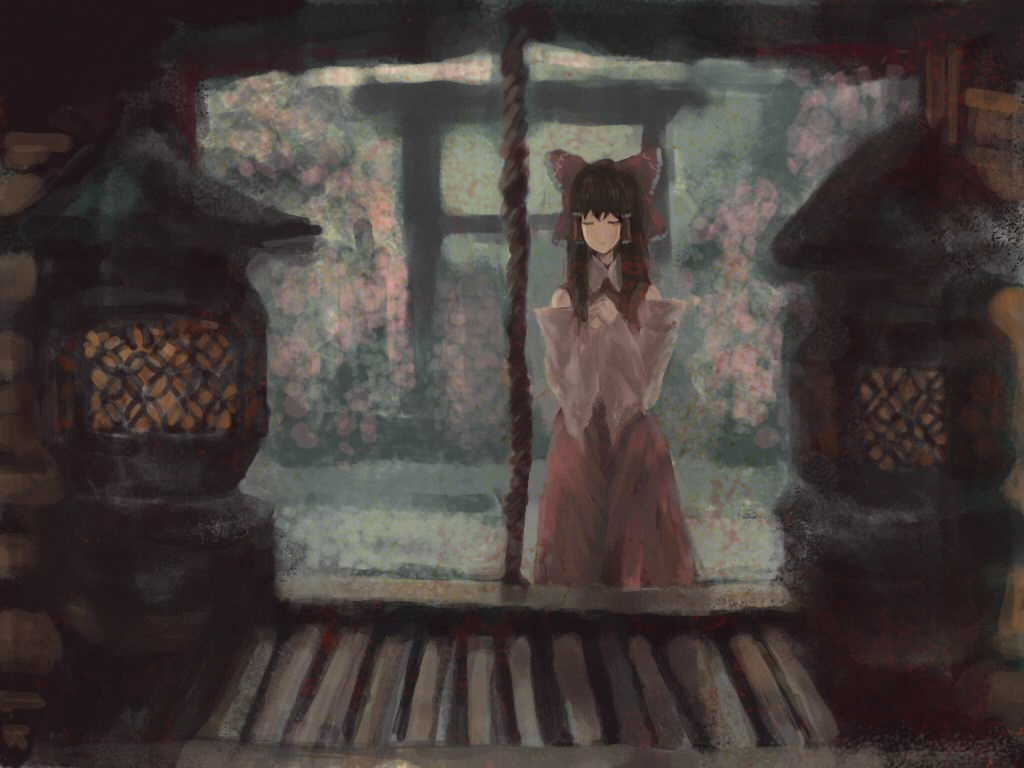 akn, hakurei reimu, touhou, bad id, bad pixiv id, 1girl, blouse, box, brown hair, closed eyes, donation box, female focus, no nose, outdoors, own hands clasped, own hands together, red shirt, rope, shirt, shrine, shrine bell, sleeveless, sleeveless shirt, solo, stone lantern, torii