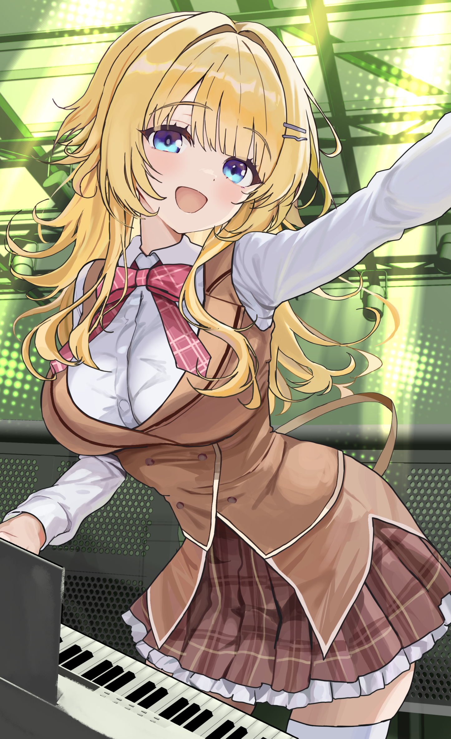 limelight lemonade jam, commentary, highres, 1girl, :d, blonde hair, blue eyes, blunt bangs, blush, bow, bowtie, breasts, brown skirt, brown vest, buttons, collared shirt, cowboy shot, double-breasted, eyelashes, floating hair, frilled skirt, frills, hair intakes, hair ornament, hairclip, happy, indoors, instrument, junyongkim9, keyboard (instrument), large breasts, long hair, long sleeves, looking at viewer, miniskirt, open mouth, outstretched arm, parallel hairclips, plaid bow, plaid bowtie, plaid clothes, plaid skirt, pleated skirt, red bow, red bowtie, shimakoshi tsukimi, shirt, sidelocks, skirt, smile, solo, stage, stage lights, thighhighs, vest, white shirt, white thighhighs, zettai ryouiki