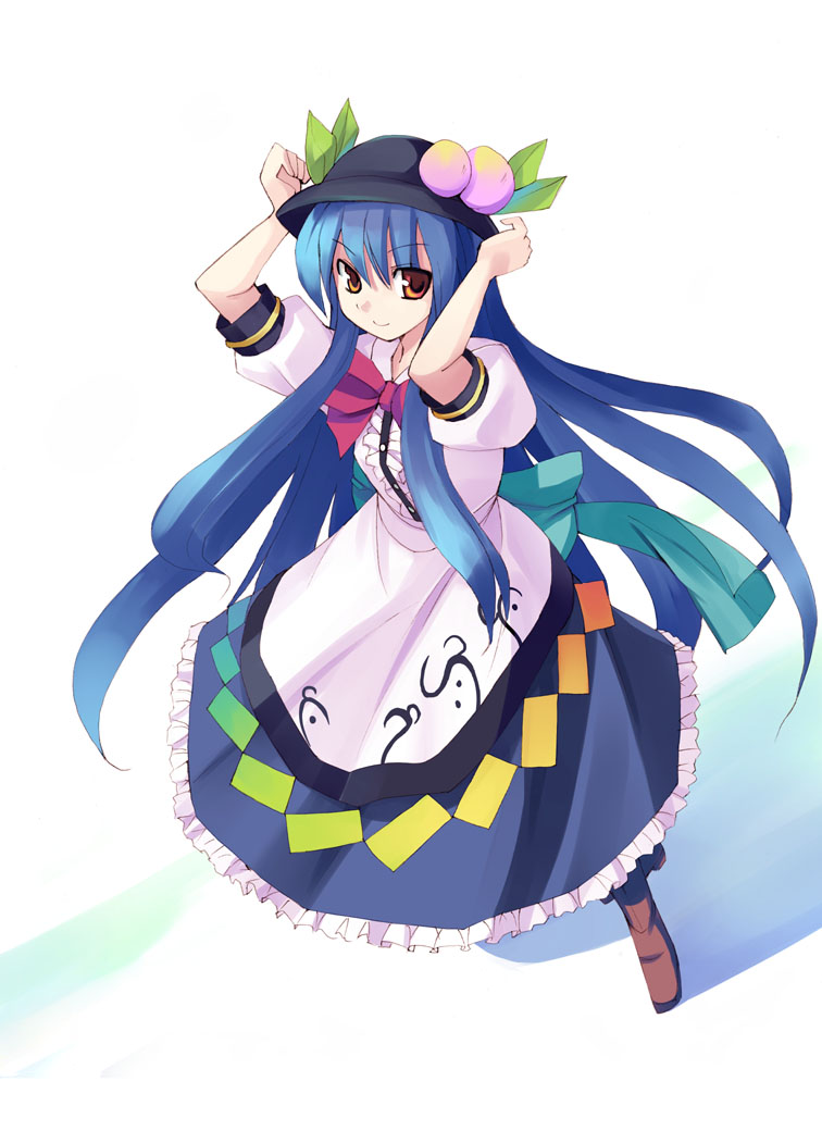 seo tatsuya, hinanawi tenshi, touhou, 1girl, alternate eye color, apron, arms up, blue hair, boots, bow, bowtie, female focus, food, frills, from above, fruit, full body, hat, leaf, long hair, looking at viewer, orange eyes, peach, puffy sleeves, red eyes, shadow, shirt, short sleeves, skirt, smile, solo, very long hair, white background, white shirt