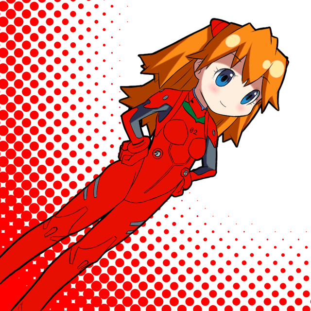 souryuu asuka langley, neon genesis evangelion, 1girl, blue eyes, blush, bodysuit, breasts, dutch angle, female focus, from side, gloves, hair ornament, halftone, halftone background, hands on own hips, light smile, long hair, looking to the side, mecha pilot suit, orange hair, plugsuit (evangelion), red hair, skinny, small breasts, smile, solo, standing, turtleneck, two side up