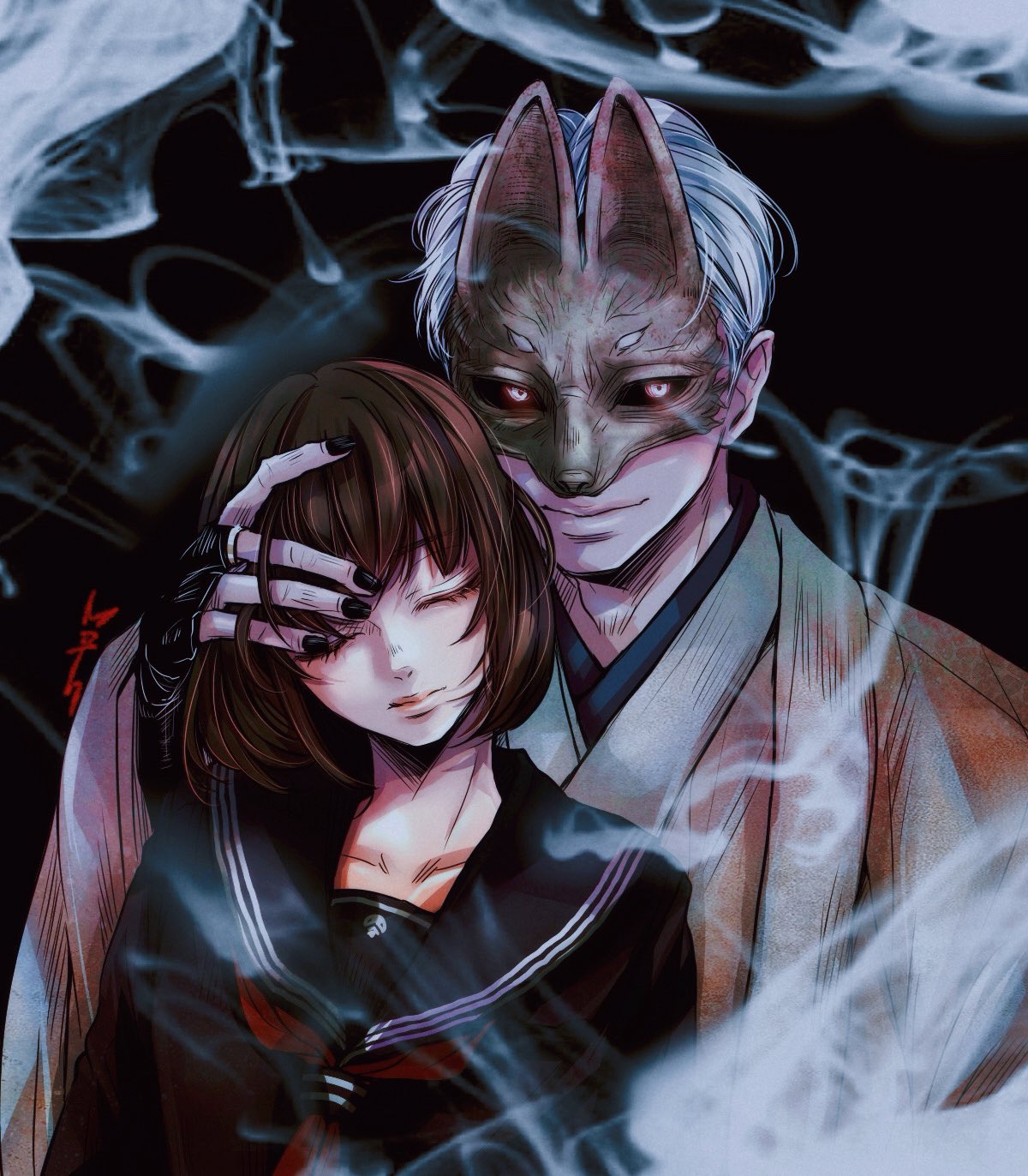 fox mask (silent hill), shimizu hinako, silent hill (series), silent hill f, highres, 1boy, 1girl, black nails, black sailor collar, black sclera, black serafuku, black shirt, bridal gauntlets, brown hair, closed eyes, colored sclera, couple, fox mask, hand in another's hair, hetero, japanese clothes, kitsurubamimoth, mask, nail polish, neckerchief, red neckerchief, robe, sailor collar, school uniform, serafuku, shirt, short hair, smile, smoke, upper body, white hair, white robe, wide sleeves, yellow eyes