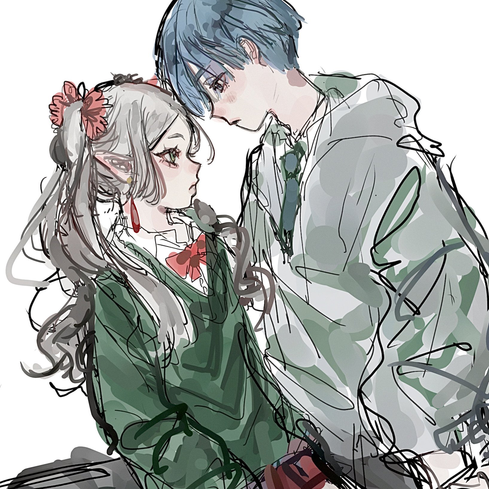 frieren, himmel (sousou no frieren), sousou no frieren, highres, 1boy, 1girl, blue hair, blush, bow, bowtie, breasts, collared shirt, green necktie, green sweater, grey hair, grey jacket, hair between eyes, hetero, hood, hood down, hooded jacket, jacket, leigh 113n, long hair, looking at another, necktie, parted bangs, pointy ears, red bow, red bowtie, school uniform, shirt, shirt under sweater, short hair, sidelocks, sketch, small breasts, sweater, twintails, upper body, white background, white shirt
