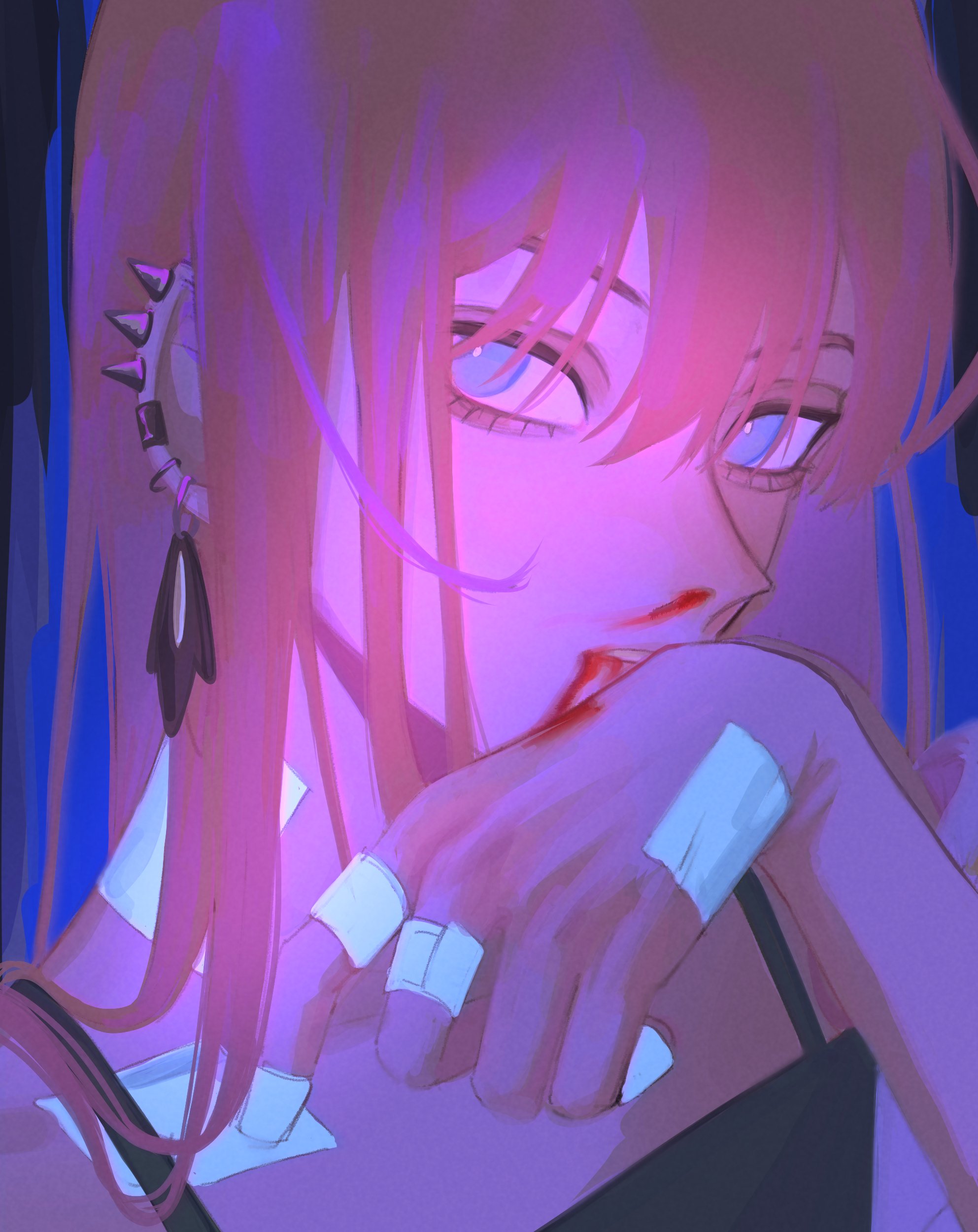futo (tofuutoufofuto), aubrey (faraway) (omori), aubrey (omori), something (omori), omori, absurdres, commentary, highres, symbol-only commentary, 1girl, aegyo sal, bandaid, bandaid on finger, bandaid on hand, bare shoulders, black background, black camisole, blood, blood from mouth, blood on hands, blue background, blue eyes, bright pupils, camisole, double-parted bangs, earrings, eyebrows hidden by hair, film grain, glowing, hair between eyes, hand on own chin, hand up, jewelry, long hair, looking at viewer, nosebleed, parted lips, pink hair, portrait, simple background, solo, spiked ear piercing, straight hair, tsurime, two-tone background, white pupils