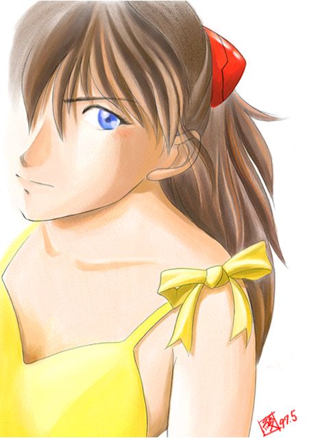souryuu asuka langley, neon genesis evangelion, non-web source, 1girl, bare shoulders, blue eyes, dress, female focus, long hair, red hair, solo, yellow dress