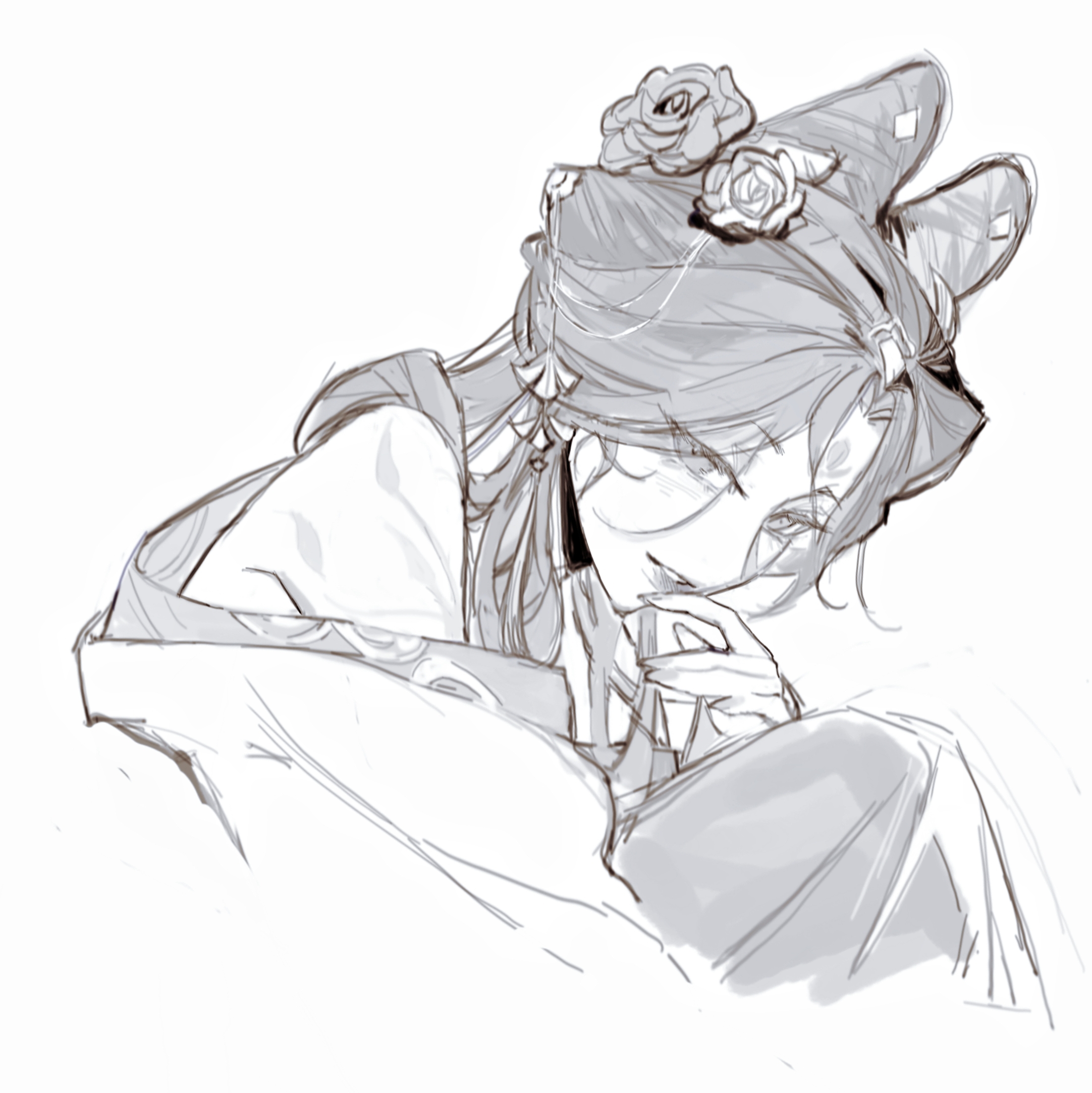 yingying (path to nowhere), path to nowhere, highres, 1girl, bare shoulders, chinese clothes, facial mark, finger to mouth, flower, forehead, forehead mark, from side, greyscale, hair ears, hair flower, hair ornament, looking at viewer, looking to the side, monochrome, off shoulder, official alternate costume, shashajitui bot, sidelocks tied back, sideways glance, simple background, solo, upper body