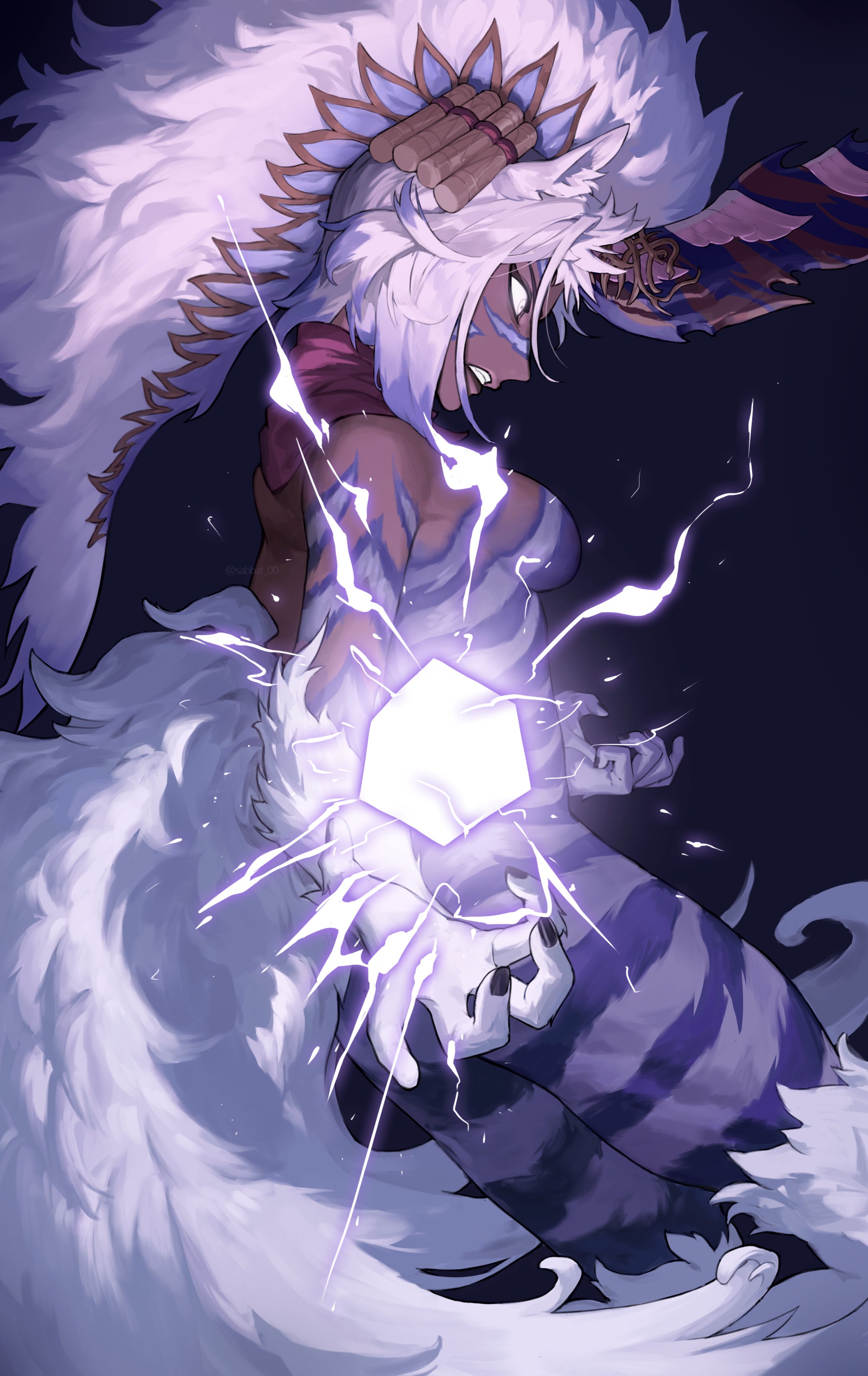 sabbat 00, eutrope (ff14), wicked thunder (ff14), final fantasy, final fantasy xiv, absurdres, highres, 1girl, animal ears, animal hands, blue background, body fur, breasts, cat ears, clenched teeth, cowboy shot, electricity, from side, headpiece, long hair, sideboob, solo, tail, teeth, white eyes, white fur, white hair