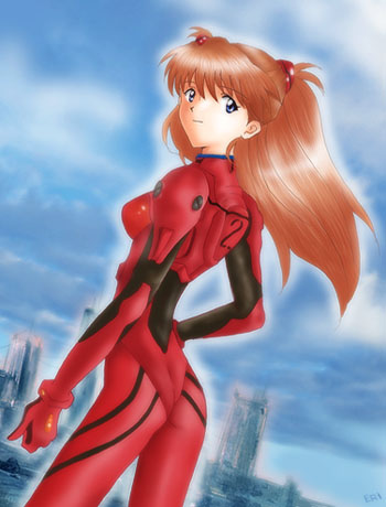 souryuu asuka langley, neon genesis evangelion, lowres, non-web source, back, blue eyes, bodysuit, floating hair, long hair, looking at viewer, looking back, mecha pilot suit, plugsuit (evangelion), red bodysuit, red hair, solo, wind