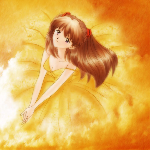 souryuu asuka langley, neon genesis evangelion, lowres, non-web source, 1girl, bare shoulders, breasts, cleavage, dress, female focus, long hair, medium breasts, orange background, orange dress, orange theme, purple eyes, red hair, solo, strap slip, yellow dress