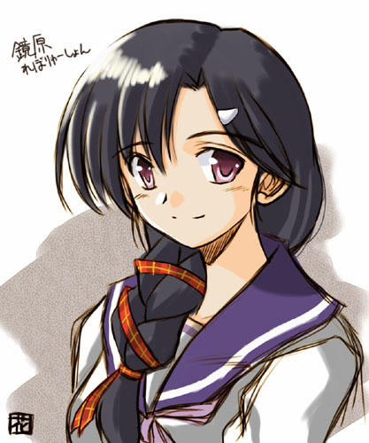 hana (hana mo arashi mo), lowres, black hair, braid, purple eyes, school uniform, serafuku, solo