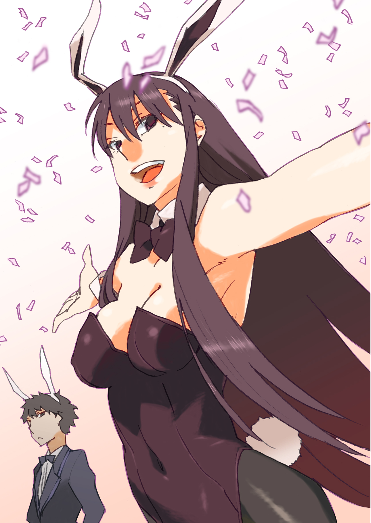 katou haruaki, kurenai hiiro, kurenai yuugure, original, yuuhi romance, highres, 1boy, 1girl, animal ears, black pantyhose, fake animal ears, long hair, mole, mole under eye, navel, pantyhose, petals, playboy bunny, rabbit ears, smile, tail, very long hair