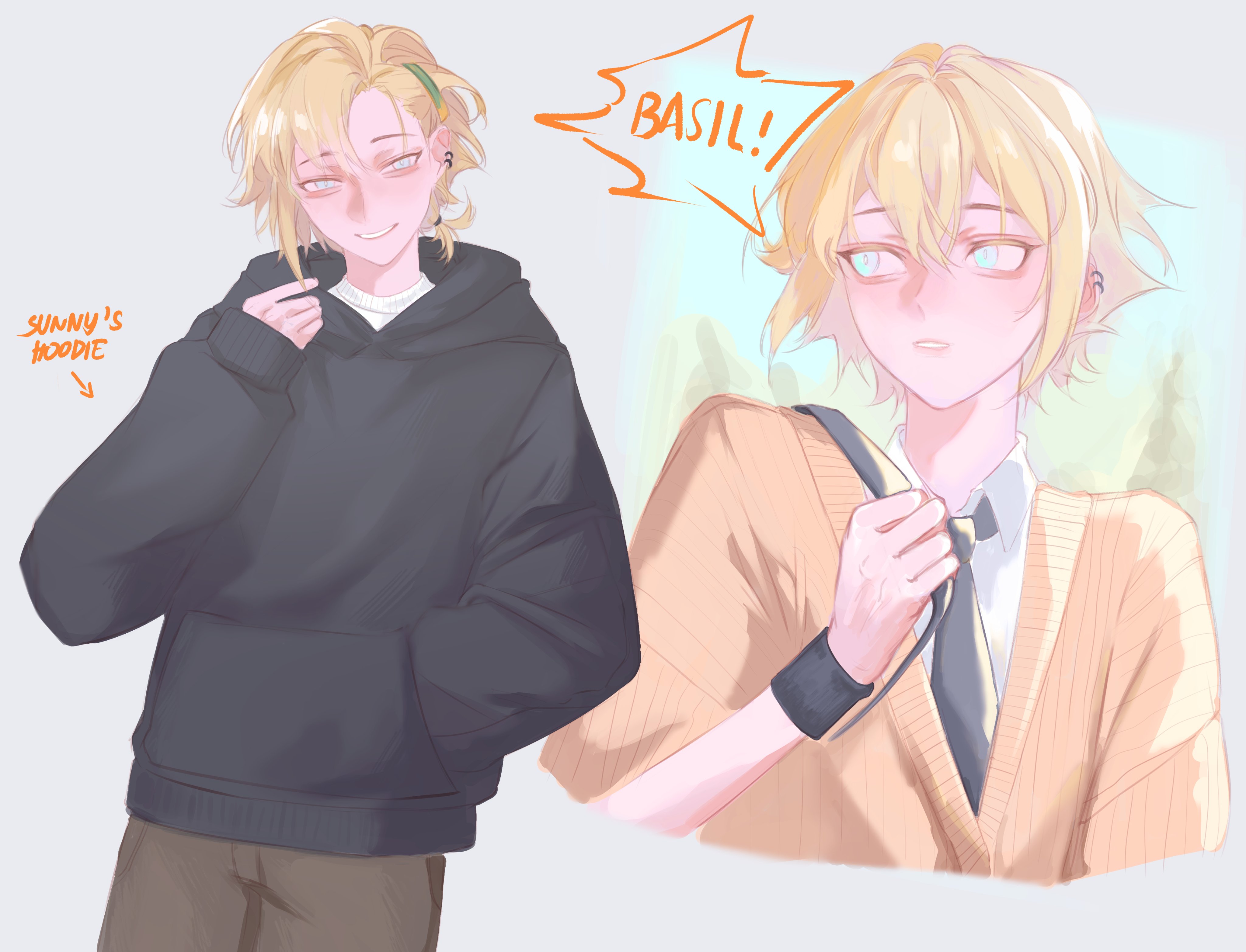 futo (tofuutoufofuto), basil (faraway) (omori), basil (omori), omori, absurdres, hashtag-only commentary, highres, 1boy, :d, aegyo sal, antenna hair, arrow (symbol), bag, bangs pinned back, black bag, black hoodie, black necktie, blonde hair, blue eyes, blue sky, borrowed clothes, cardigan, collared shirt, cowboy shot, cropped torso, day, double-parted bangs, ear piercing, english text, facing viewer, grey background, grin, hair between eyes, hair ornament, hand in pocket, hand up, holding, holding bag, hood, hood down, hoodie, long sleeves, looking at viewer, looking back, looking to the side, male focus, multiple views, necktie, open mouth, orange cardigan, outdoors, parted lips, piercing, pocket, puffy long sleeves, puffy sleeves, ribbed sweater, shirt, short hair, shoulder bag, simple background, sky, smile, standing, sweater, tree, white shirt, white sweater, wristband