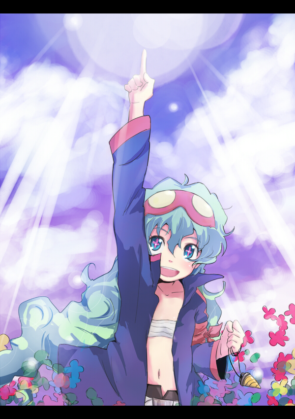 kosa k, nia teppelin, simon (ttgl), tengen toppa gurren lagann, bad id, bad pixiv id, 1girl, core drill, cosplay, drill, female focus, kamina pose, letterboxed, multicolored hair, outdoors, pointing, pointing up, sarashi, simon (cosplay), sky, solo