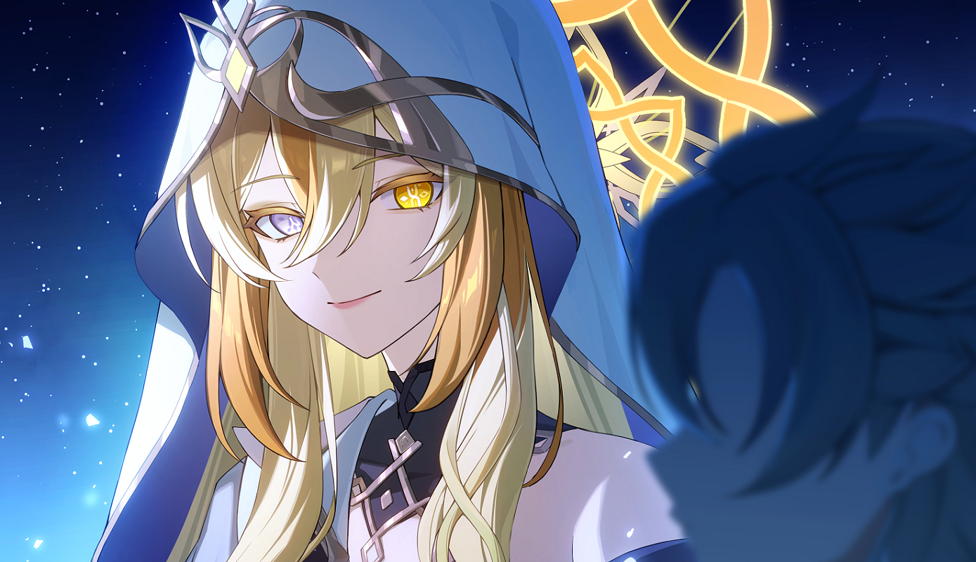 so zei tama tama, albedo (genshin impact), rhinedottir (genshin impact), genshin impact, commentary request, 1boy, 1girl, bare shoulders, blonde hair, blue eyes, closed mouth, hair between eyes, halo, halo behind head, light smile, long hair, portrait, solo focus, star (sky), starry sky background, symbol-shaped pupils, veil, white veil, yellow eyes, yellow halo