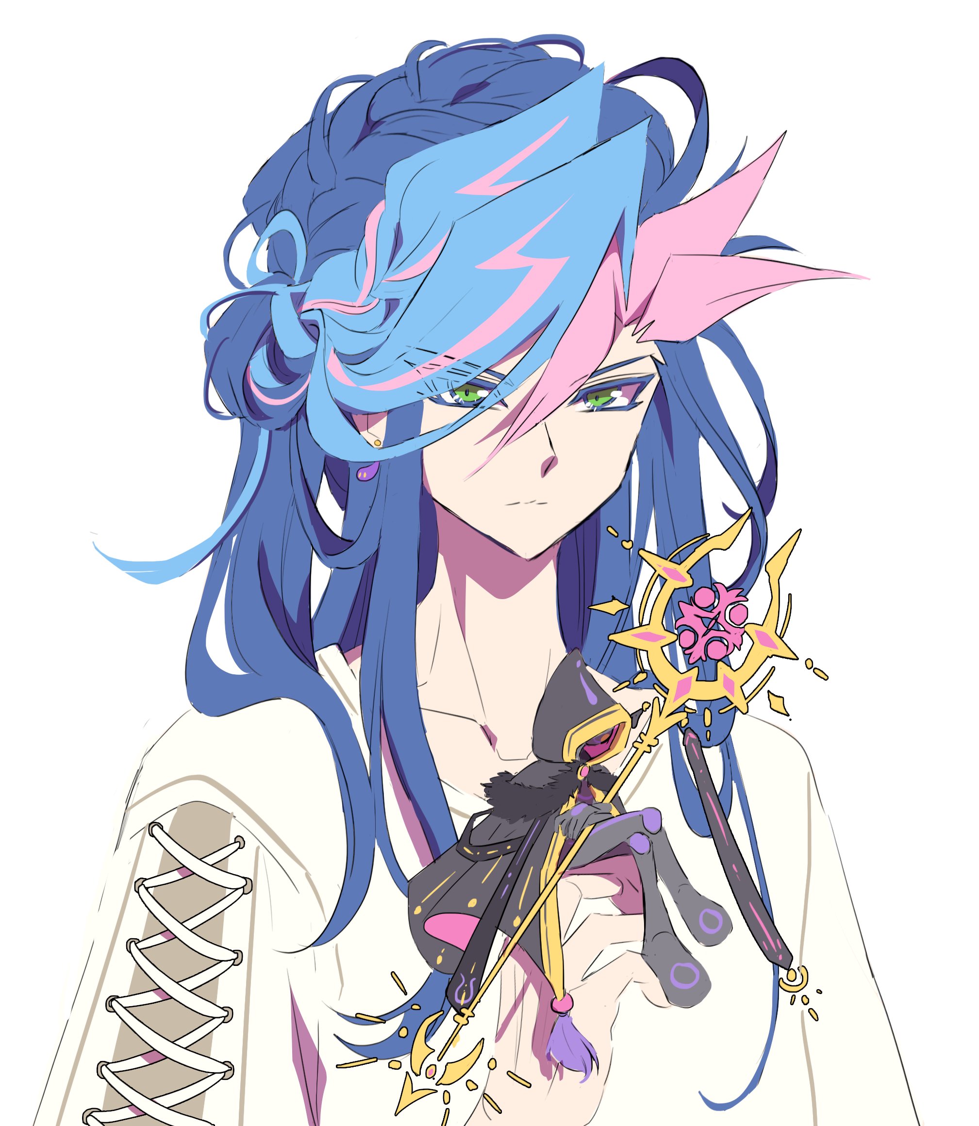 zackpyo, ai (yu-gi-oh!), fujiki yusaku, yu-gi-oh!, yu-gi-oh! vrains, highres, 1girl, 1other, black cloak, black hood, braid, cloak, colored bangs, crossed arms, crossed legs, expressionless, eyes visible through hair, facing to the side, fur-trimmed cloak, fur trim, genderswap, genderswap (mtf), green eyes, hair between eyes, hair up, holding, holding mini person, holding staff, hood, hood up, humanoid robot, lace-trimmed sleeves, lace trim, long hair, looking at viewer, mini person, ponytail, robot, side braid, single braid, sitting on hand, spiked hair, staff, sweater, upper body, white sweater
