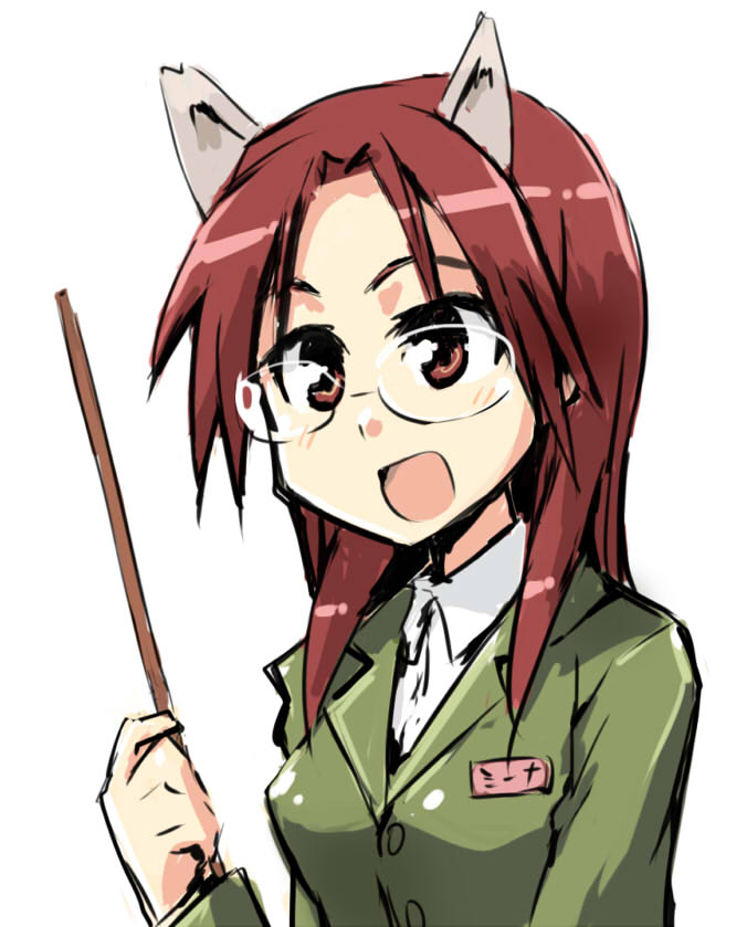 kuropan (crow panther), kurou (artist), minna-dietlinde wilcke, strike witches, world witches series, uniform, 00s, 1girl, animal ears, female focus, glasses, long hair, red eyes, red hair, solo