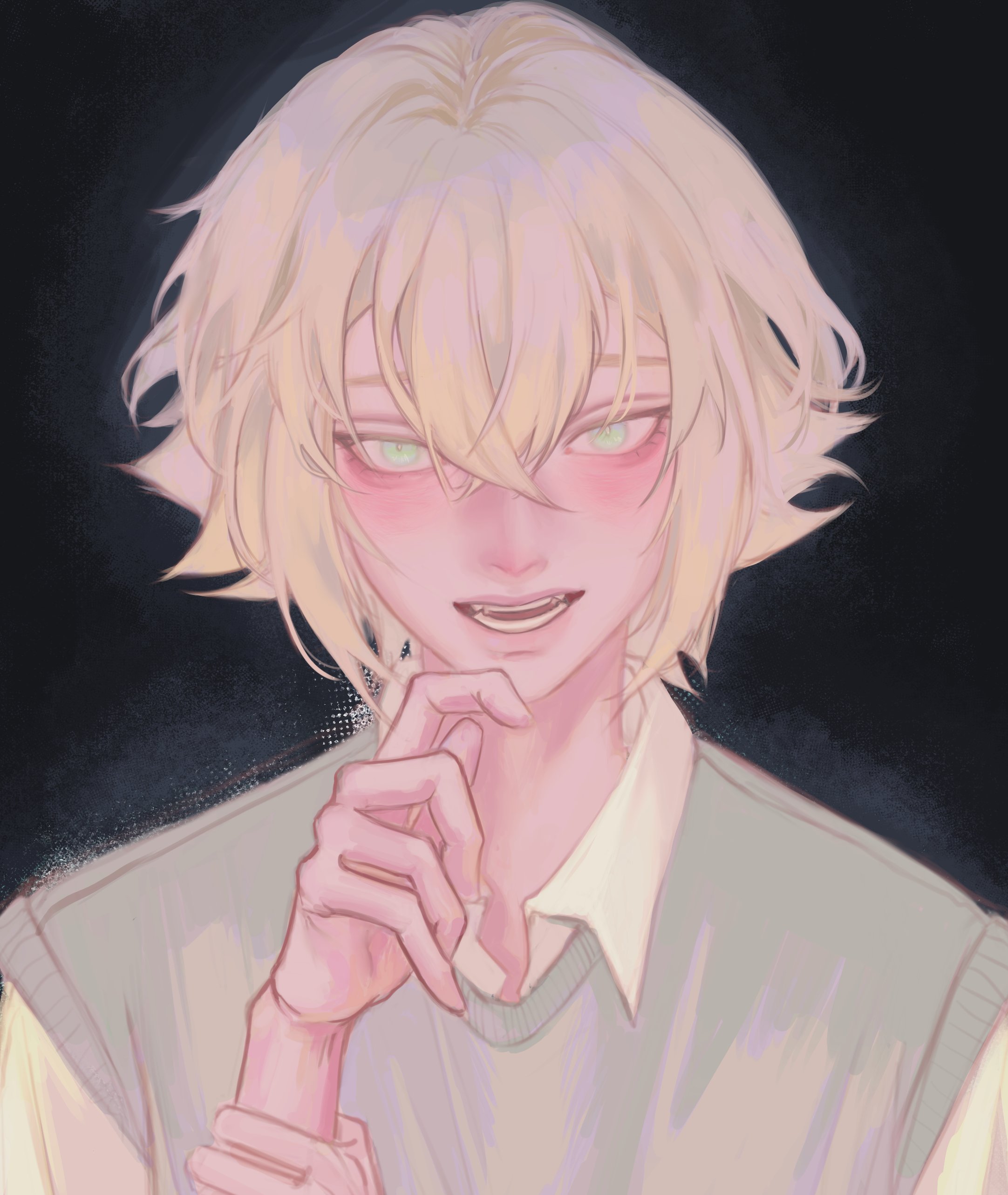 futo (tofuutoufofuto), basil (faraway) (omori), basil (omori), omori, absurdres, hashtag-only commentary, highres, 1boy, :d, aegyo sal, black background, blonde hair, bright pupils, collared shirt, crossed bangs, double-parted bangs, fangs, finger to own chin, green eyes, green sweater vest, hair between eyes, halftone, halftone background, hands up, holding own arm, looking at viewer, male focus, open mouth, portrait, shirt, short hair, sidelocks, simple background, smile, solo, straight-on, sweater vest, teeth, tsurime, white pupils, white shirt