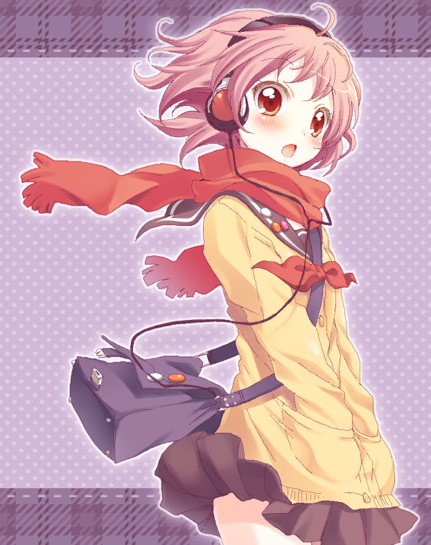 komi zumiko, namori, original, artist collaboration, bad id, bad pixiv id, 1girl, badge, bag, brown hair, female focus, headphones, orange eyes, red eyes, scarf, school bag, school uniform, serafuku, short hair, solo, wind
