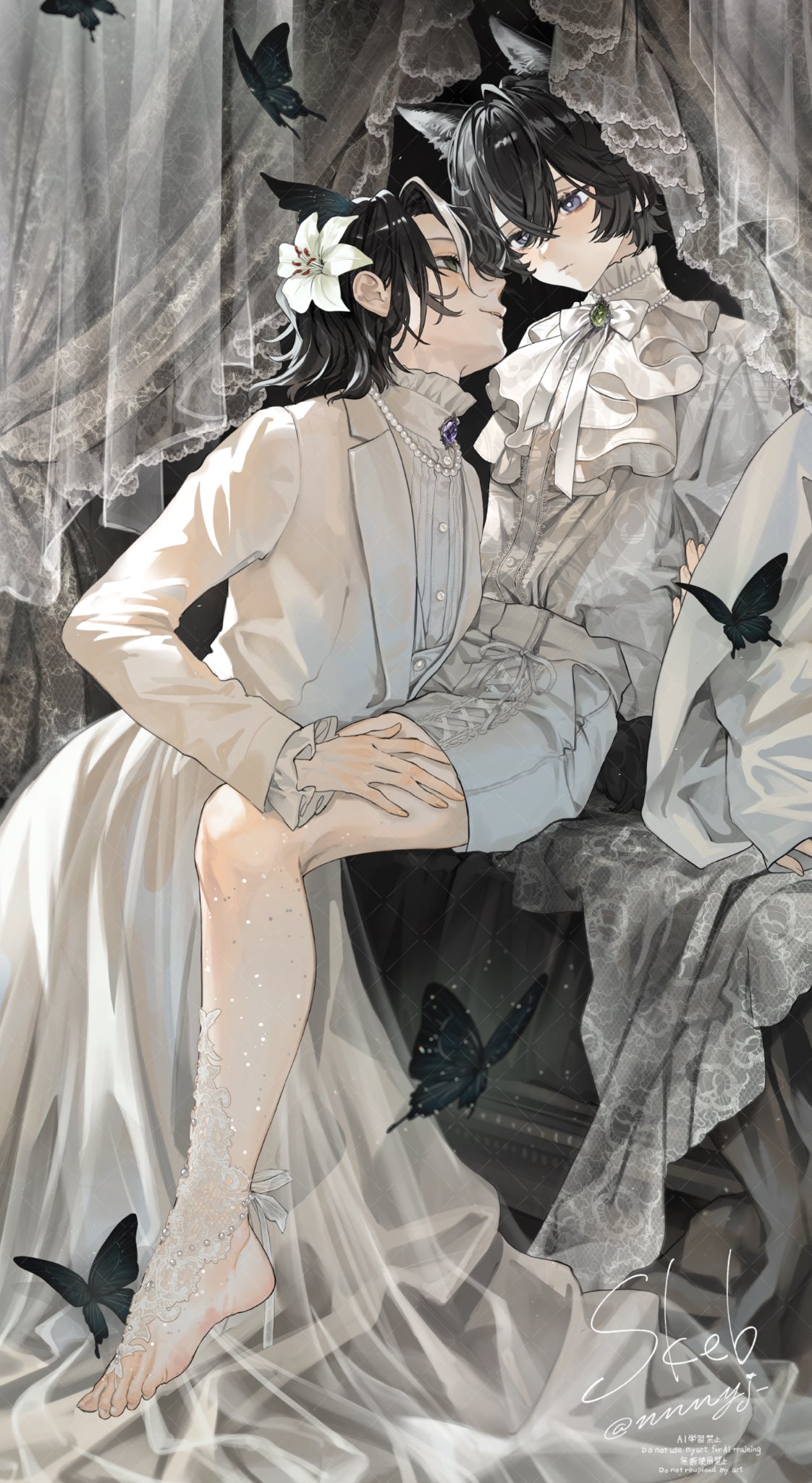 nnnyj, original, commission, highres, skeb commission, 2boys, animal ears, ascot, barefoot, bishounen, black hair, bug, butterfly, cat boy, cat ears, expressionless, flower, hair flower, hair ornament, insect, jewelry, leg grab, looking at another, multiple boys, necklace, shirt, shorts, white shirt, white shorts, yaoi