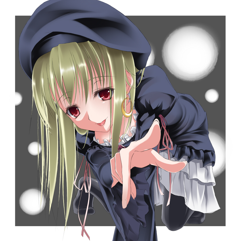 doatobira, original, bad id, bad pixiv id, 1girl, :p, all fours, beret, black pantyhose, blonde hair, earrings, female focus, hat, jewelry, long hair, pantyhose, pointing, red eyes, solo, tongue, tongue out