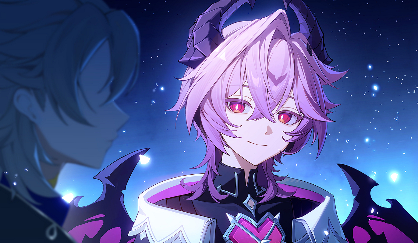 so zei tama tama, albedo (genshin impact), mini durin (genshin impact), mini durin (human) (genshin impact), genshin impact, commentary request, 2boys, black shirt, closed mouth, crossed bangs, diamond-shaped pupils, diamond (shape), dragon boy, dragon horns, dragon wings, hair between eyes, horns, light smile, male focus, multiple boys, portrait, purple eyes, purple hair, shirt, solo focus, star (sky), starry sky background, symbol-shaped pupils, wings
