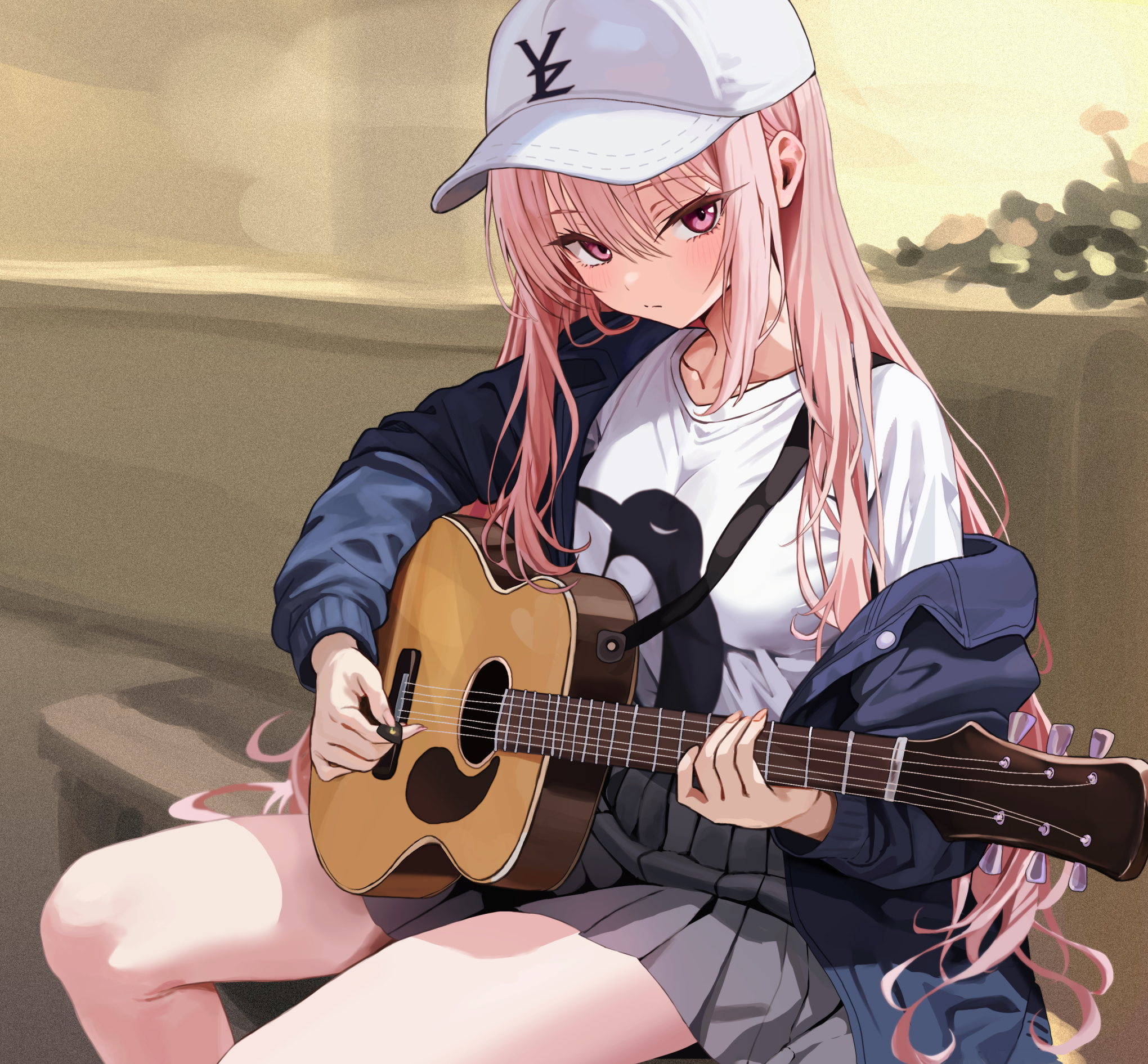 limelight lemonade jam, commentary, highres, 1girl, :/, black jacket, blush, breasts, closed mouth, collarbone, day, eyelashes, feet out of frame, film grain, fingernails, frown, grey skirt, guitar, hair between eyes, harumi ena, hat, holding, holding guitar, holding instrument, holding plectrum, instrument, jacket, junyongkim9, large breasts, long hair, long sleeves, looking at viewer, miniskirt, music, on bench, open clothes, open jacket, outdoors, peaked cap, penguin print, pink eyes, pink hair, playing guitar, playing instrument, pleated skirt, plectrum, print shirt, shirt, sidelocks, sitting, skirt, solo, split mouth, thighs, tsurime, very long hair, white hat, white shirt