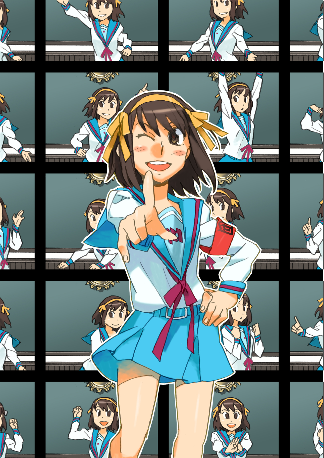 katou haruaki, suzumiya haruhi, suzumiya haruhi no yuuutsu, bad id, bad pixiv id, highres, 00s, brown hair, hair ribbon, multiple views, ribbon, school uniform, serafuku