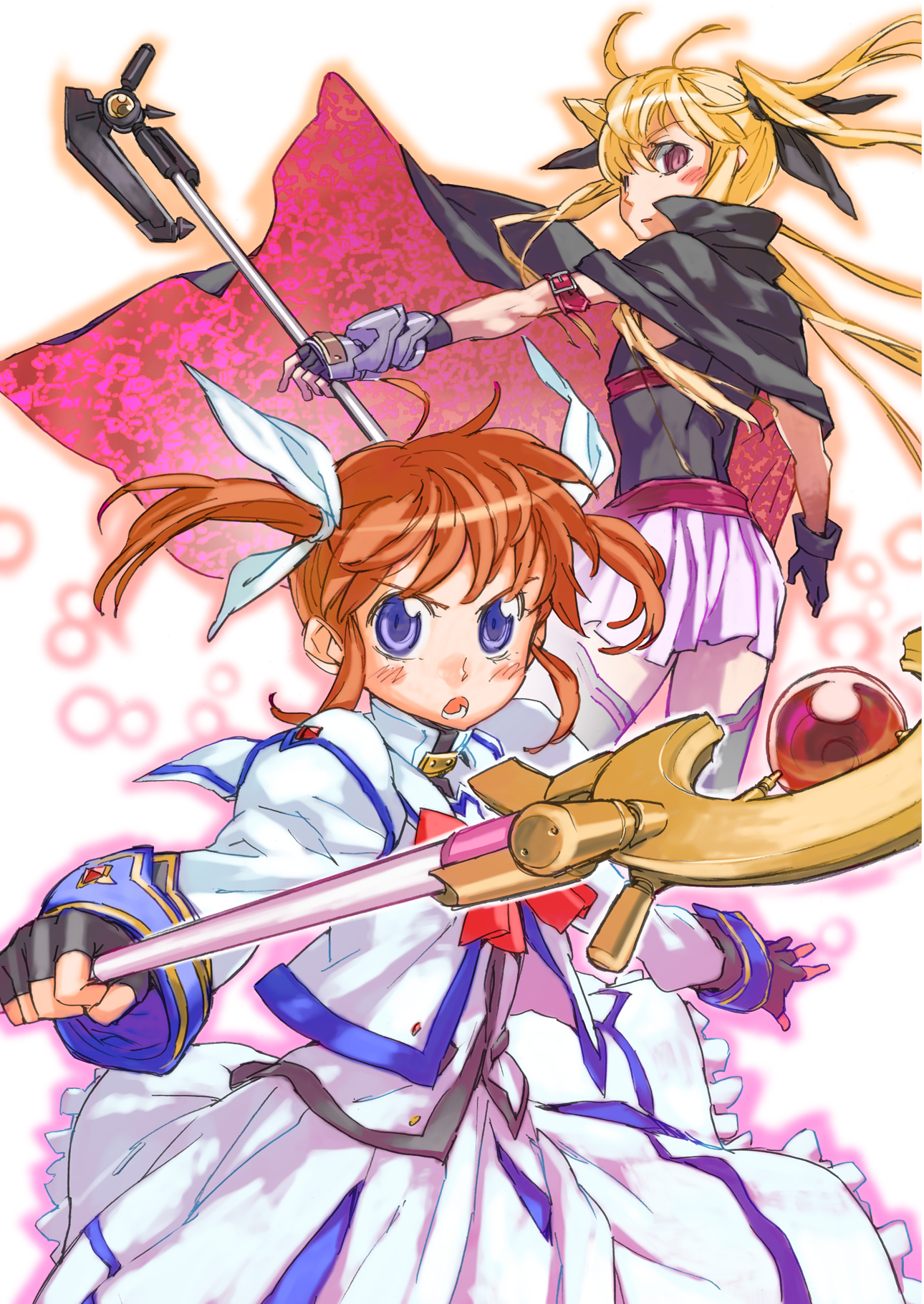katou haruaki, bardiche (assault form) (nanoha), bardiche (nanoha), fate testarossa, fate testarossa (lightning form), raising heart, raising heart (accel mode), takamachi nanoha, takamachi nanoha (sacred mode), lyrical nanoha, mahou shoujo lyrical nanoha, highres, 00s, 2girls, arm belt, axe, belt, blonde hair, blue eyes, bow, cape, fingerless gloves, gloves, magical girl, multiple girls, orange hair, purple eyes, red bow, red eyes, red hair, single fingerless glove, thighhighs, twintails, weapon