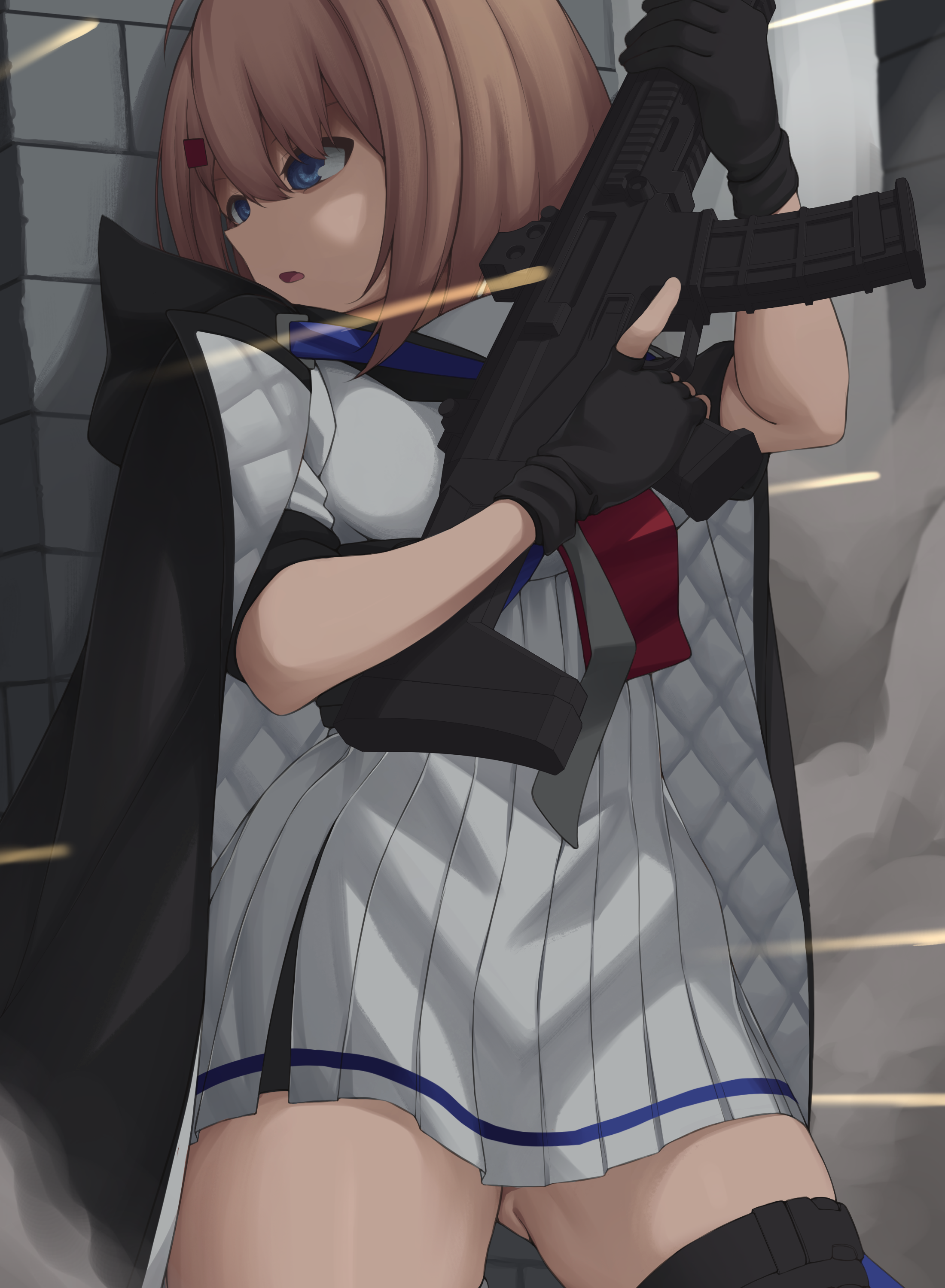 act (xadachit), acr (girls' frontline), girls' frontline, absurdres, commentary, commission, english commentary, highres, 1girl, adaptive combat rifle, ahoge, assault rifle, black gloves, black jacket, blue eyes, brown hair, cowboy shot, dated commentary, fingerless gloves, gloves, gluteal fold, gun, hair between eyes, hair ornament, hairclip, high-waist skirt, holding, holding gun, holding weapon, jacket, jacket on shoulders, magazine (weapon), medium hair, microskirt, open clothes, open jacket, open mouth, pleated skirt, projectile trail, rifle, shirt, short sleeves, sidelocks, single fingerless glove, single glove, skirt, solo, standing, trigger discipline, weapon, white shirt