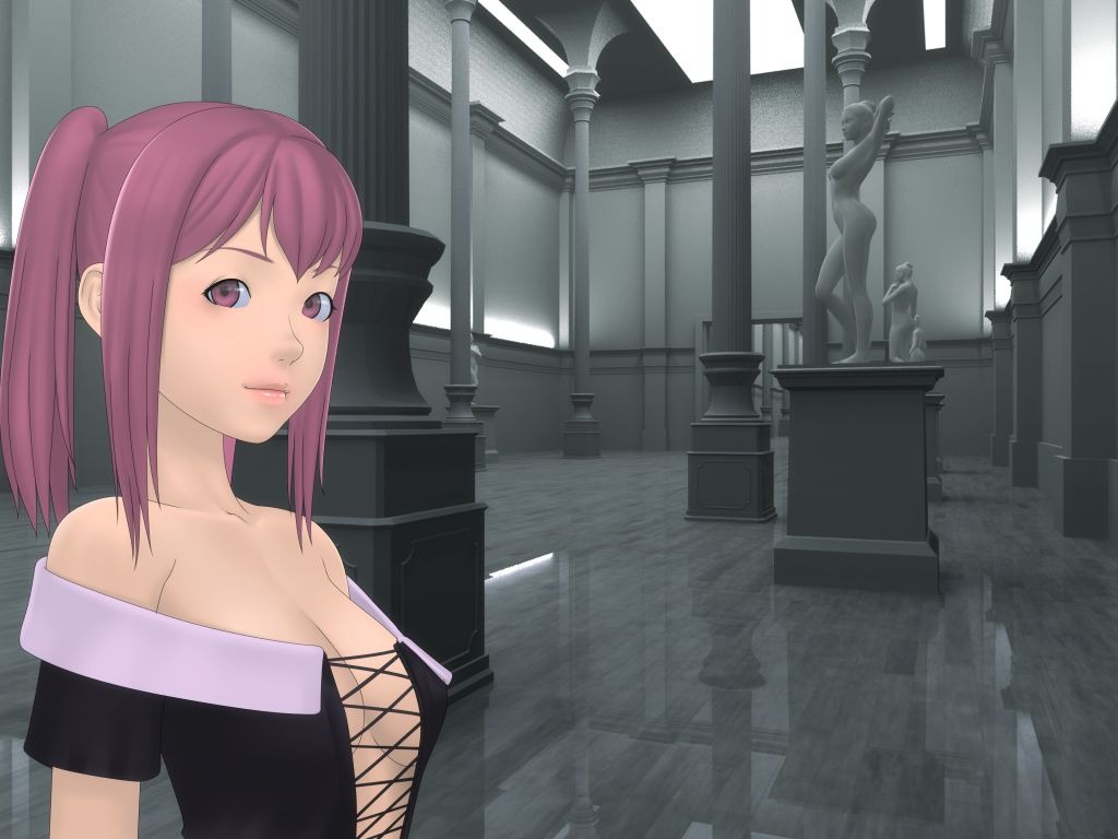 yoshino momiji, original, 1girl, 3d, bare shoulders, museum, pillar, purple eyes, purple hair, short hair, solo, statue, twintails